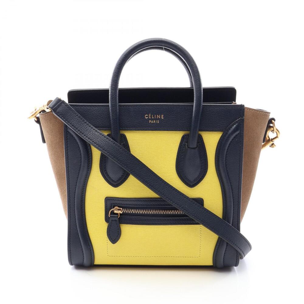 Celine Luggage Tote Shopper Handbag Leather Yellow Navy Blue Gray